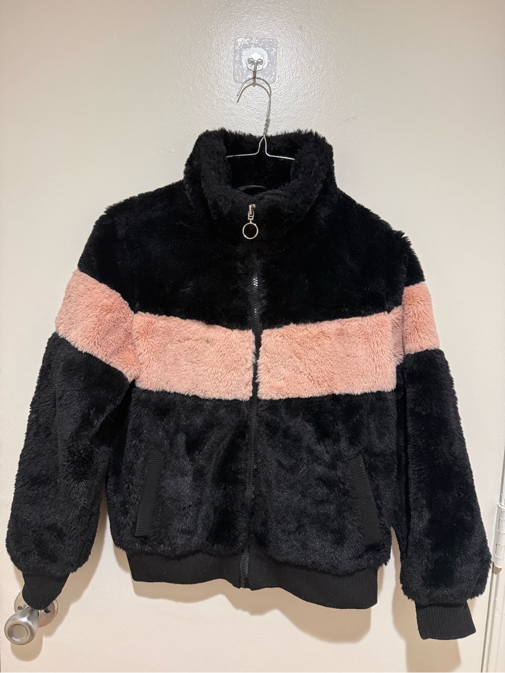 Urban Republic Black Faux Fur Jacket with Pink Stripe